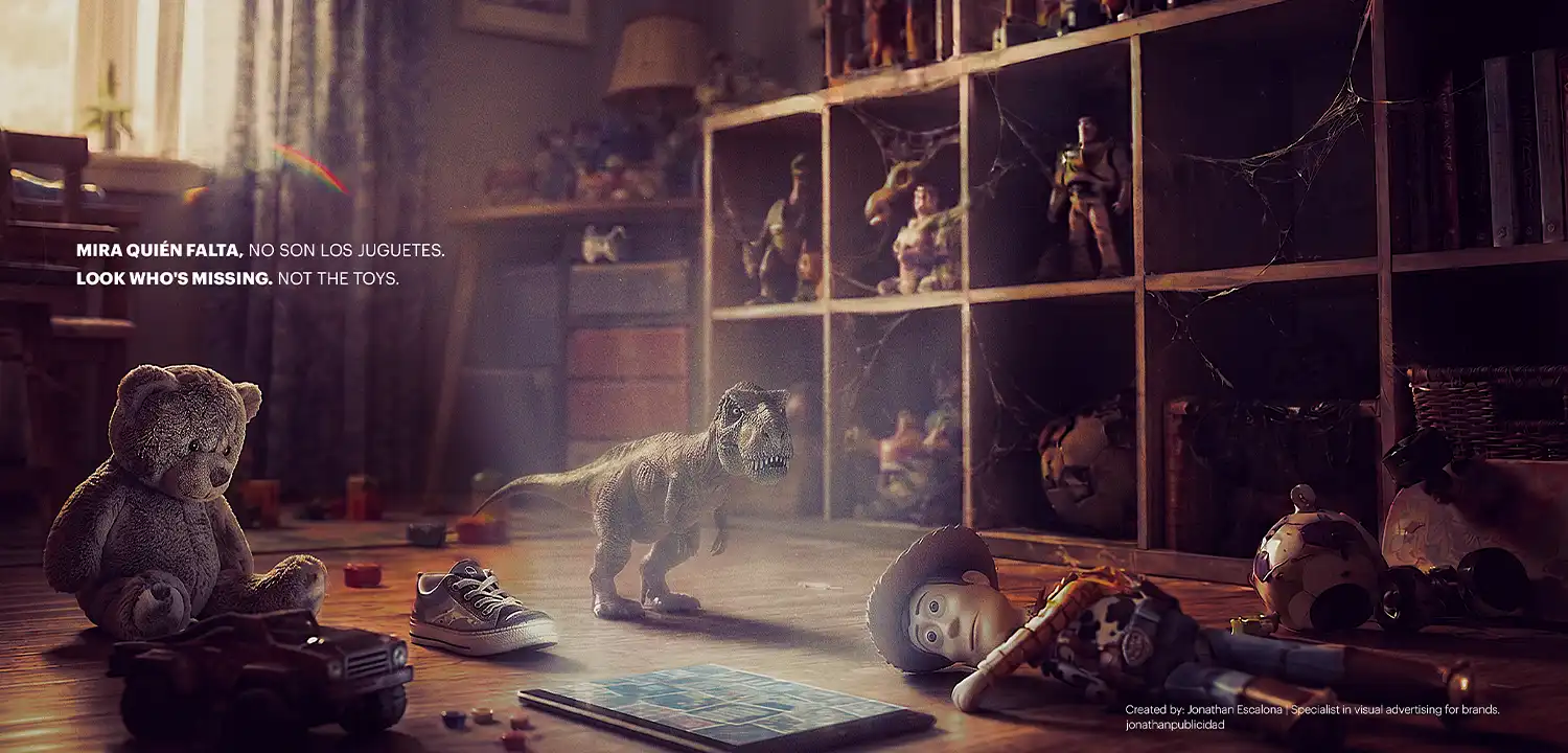 Publicidad-creativa-campaña-juguetes-abandonados-en-una-habitacion-mira-quien-falta-LOOK-WHO'S-MISSING-Jonathanpublicidad
