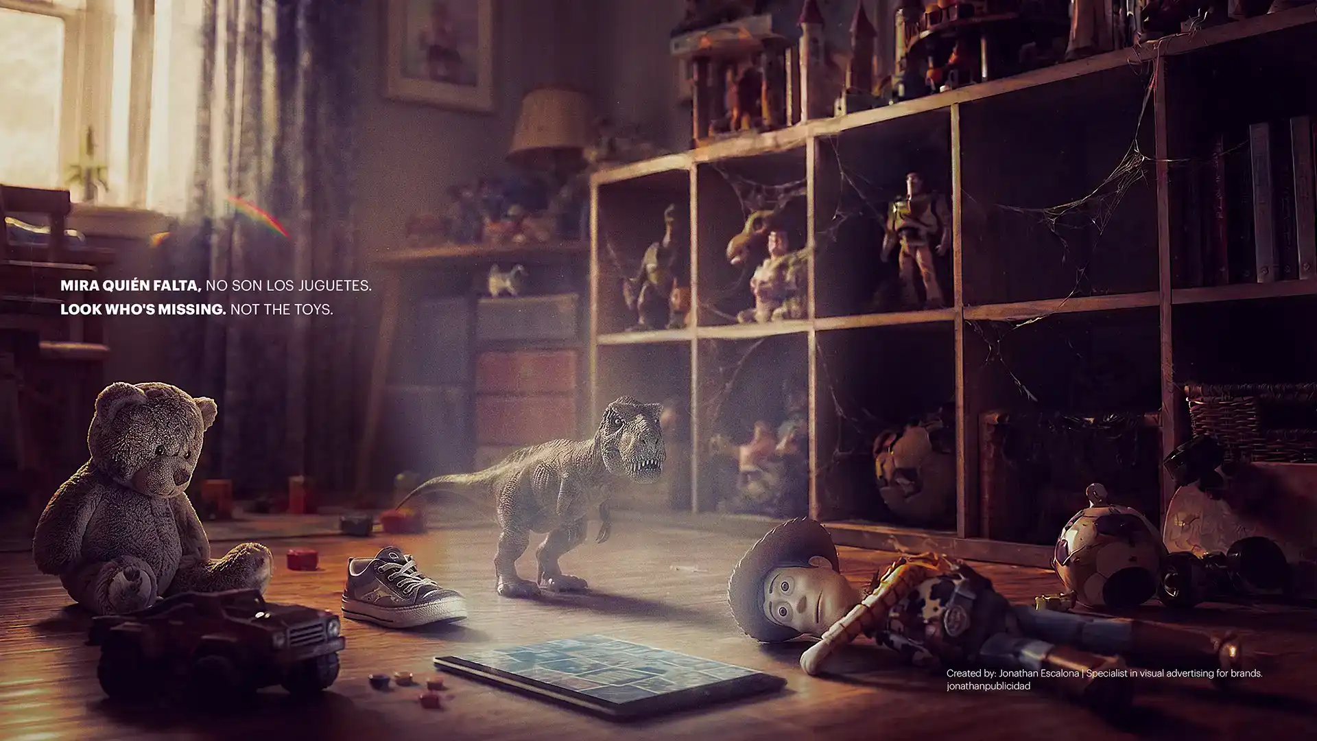 Publicidad-creativa-campaña-juguetes-abandonados-en-una-habitacion-mira-quien-falta-LOOK-WHO'S-MISSING-Jonathanpublicidad