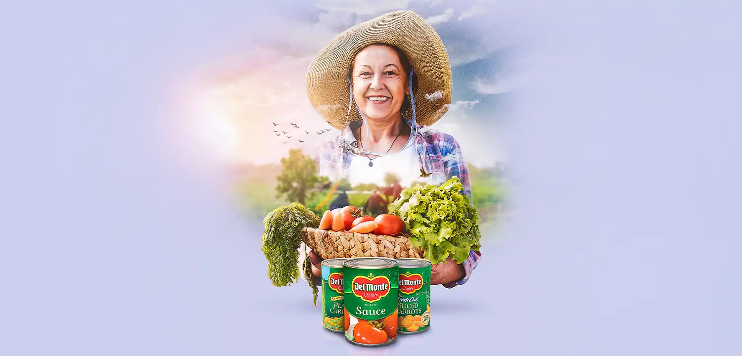Publicidad-productos-DelMonte-salsa-tomate-zanahoria-hortalizas-señora-agricultor-del-campo-con-vegetales-Jonathanpublicidad