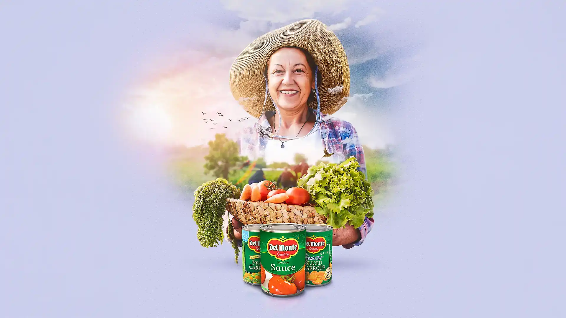 Publicidad-productos-DelMonte-salsa-tomate-zanahoria-hortalizas-señora-agricultor-del-campo-con-vegetales-Jonathanpublicidad