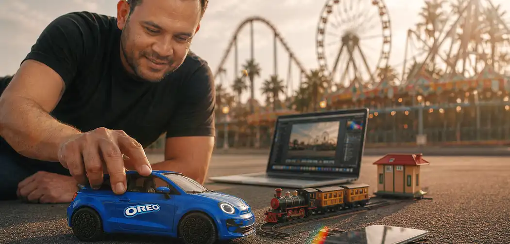 Publicidad-carro-oreo-azul-con-neumaticos-de-galleta-oreo-hombre-jugando-sosteniendo-sobreciudad-parque-landscape