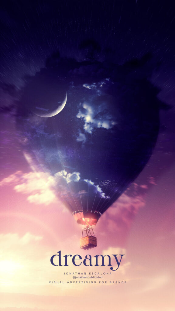 Poster-creativo-Dreamy-surrealista-globo-aerostatico-de-noche-con-nubes-luna-estrellas-paisaje-hermoso-stories